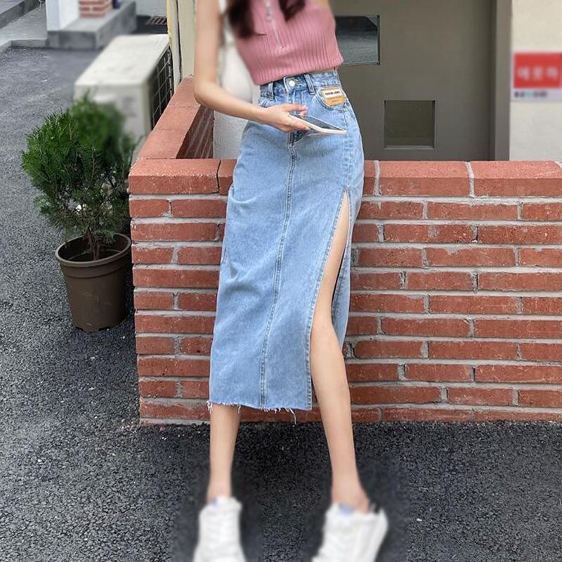 Chân Váy Jean Lưng Cao Màu Trơn Phong Cách Hàn Quốc Retro Cho Nữ