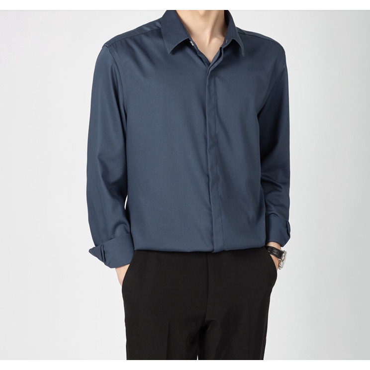 Áo Sơ Mi Nam Dài Tay kiểu giấu cúc Đen Trắng Nâu Xanh Dáng Ôm Cổ Bẻ Hàn Quốc Vải Lụa Nến