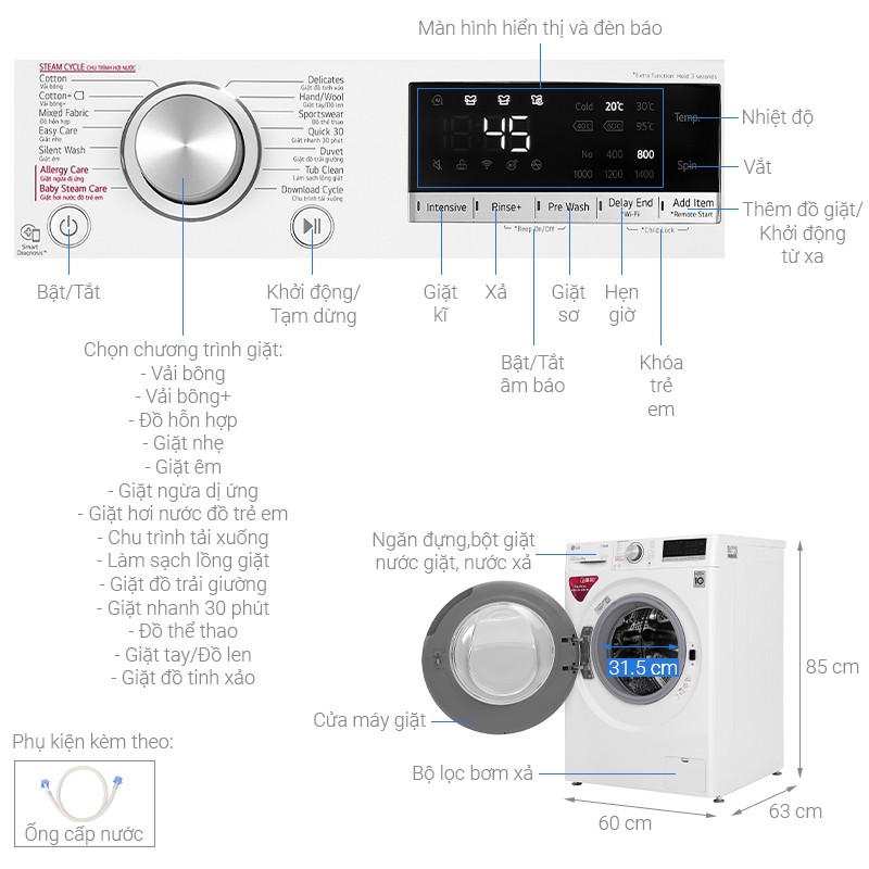 Máy giặt LG Inverter 9 kg FV1409S4W Model 2020 - Giặt nước nóng, Giặt hơi nước, Bảo hành 24 tháng, giao miễn phí HCM
