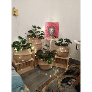 Chậu cây giả, giỏ cói trồng cây cảnh trong nhà cỡ lớn có quai xách decor vintage thân thiện môi trường GC-01