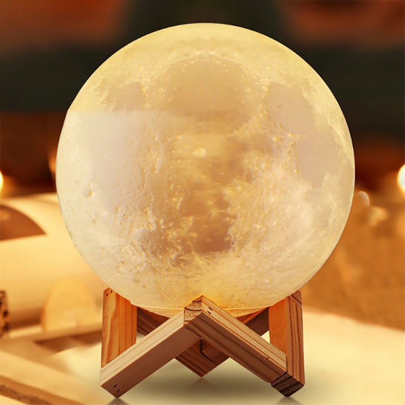 J3-VN 3D Moon Shaped Lamp 2 Colors Rechargeable USB Night Light Beautiful Sensitive Light with Wooden Stand for Room Christmas Gift