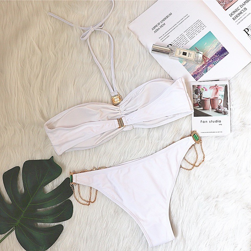 [BKN908] &lt;ÂU&gt; SET BIKINI QUÂY CỘT CỔ MIX ĐÁ ĐEN/XANH/ĐỎ/TRẮNG/VÀNG/HỒNG