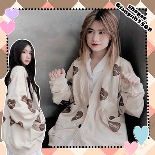 AK017 Áo cardigan nữ trắng tim nâu dài tay cài cúc dáng rộng nữ sinh, áo khoác kiểu thu đông cadiganbanhs bèo nữ tính