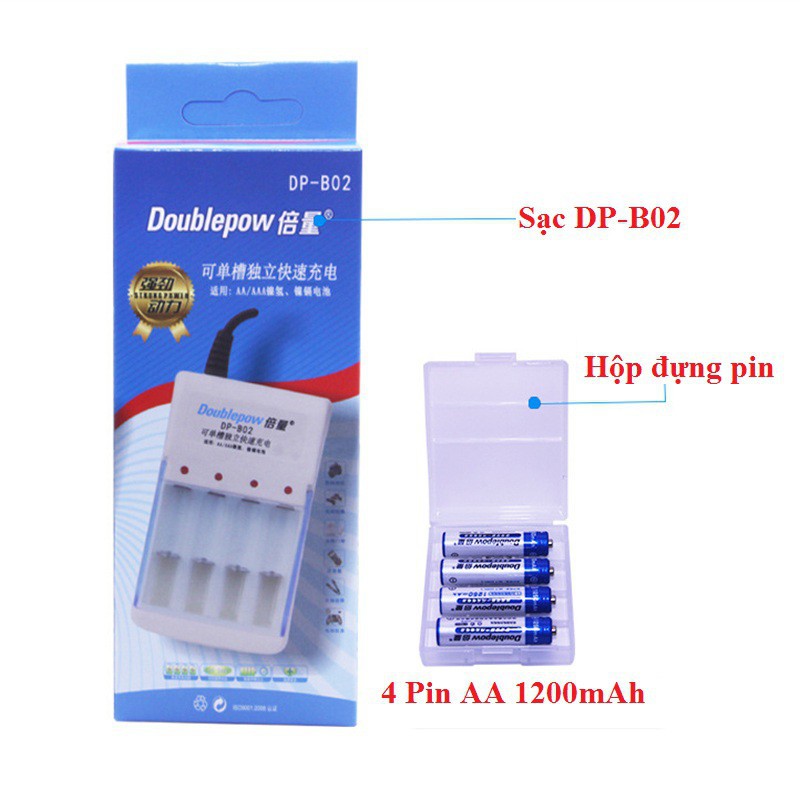 Bộ Sạc Pin + 4 Viên Pin Tiểu AA 1200mAh - 3000 mAh Doublepow  chuyên cho Micro Không Dây, Thiết Bị Điện Tử