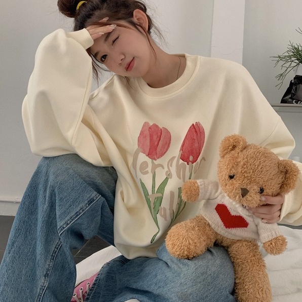 QOEDDV Áo sweater tay dài cổ tròn dáng rộng họa tiết đáng yêu phong cách Hàn Quốc dành cho nữ