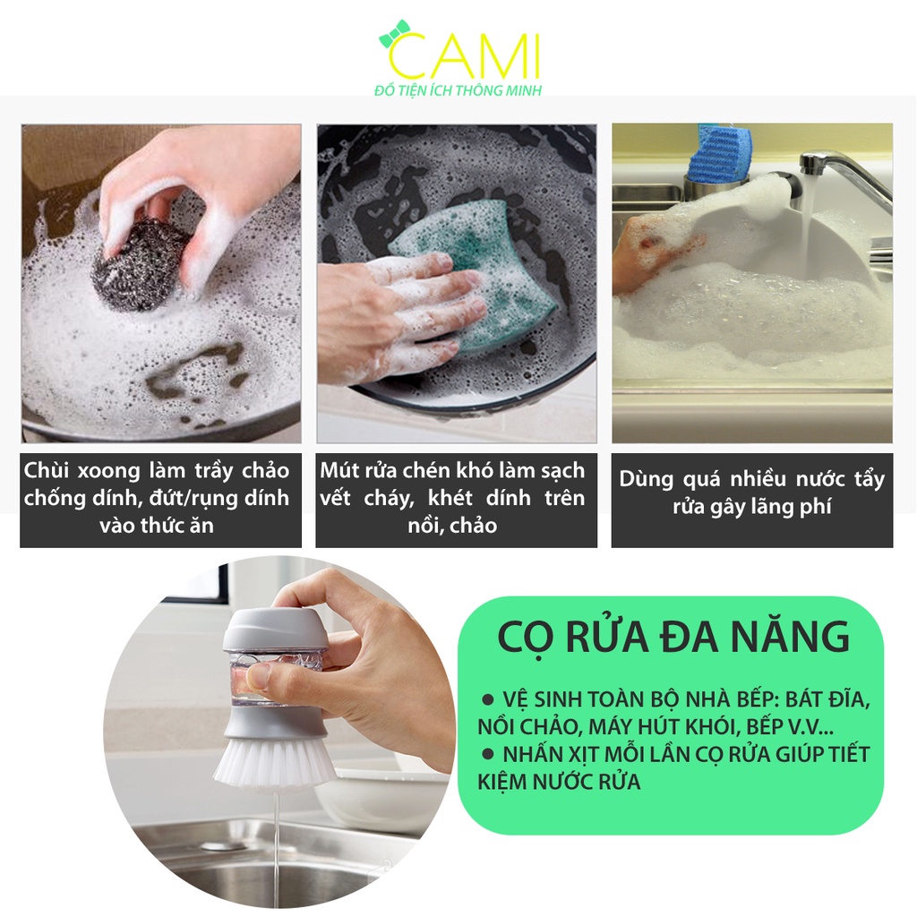 Bàn chải, cọ rửa nhà bếp, xoong nồi đa năng có bình chứa, xịt nước rửa chén tiện lợi_Cami_CMPK190