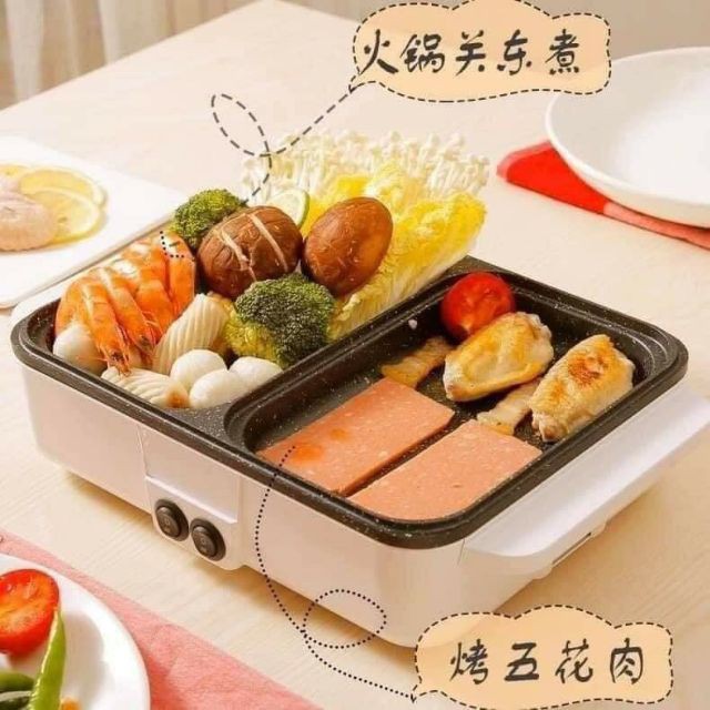 Bếp Điện Mini 2 Ngăn,Nồi Lẩu Nướng Đế Chống Dính, Bảo Hành 6 Tháng