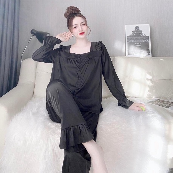 Bộ Mặc Nhà Lụa Latin Cao Cấp Quần Dài Tay Dài Áo Cổ Vuông Tiểu Thư Sang Chảnh Freesize Dưới 57kg