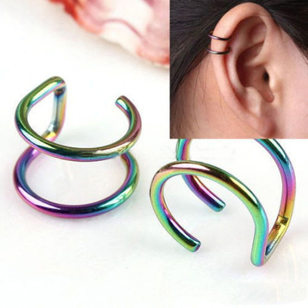 <sujianxia> Ear Clip Cuff Cool Non Pierced Stainless Steel 2-row Fake Cartilage Earrings for Bar