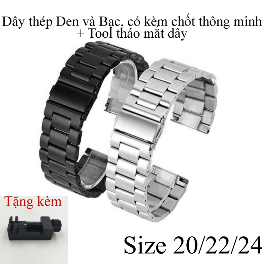 Dây đồng hồ thép không gỉ chốt thông minh size 20/22/24 tặng kèm tool tháo mắt dây