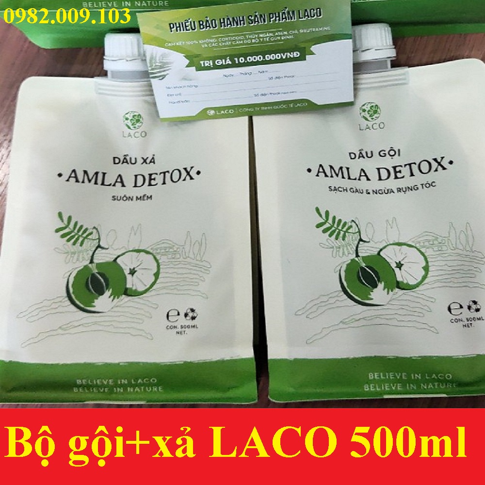 [Túi 500ml] Bộ dầu Gội đầu + Xả Laco Organic Amla detox kèm xịt dưỡng tóc serum ngăn rụng tóc và kích thích mọc tóc