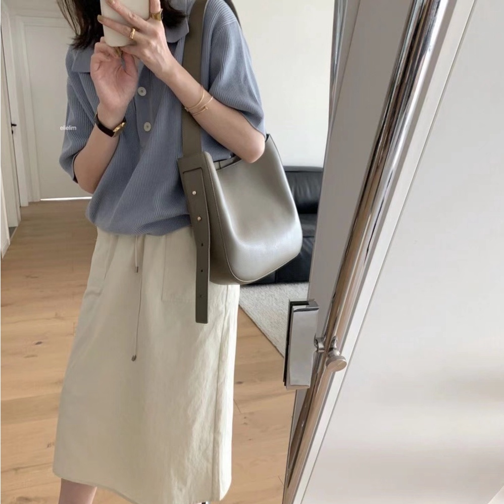 [Hana And Alice] Áo Thun polo Dệt Kim Lụa Lạnh Mỏng Nhẹ Tay Ngắn Màu Xanh Sữa Mềm Mại Phong Cách Hàn Quốc Thời Trang Mùa