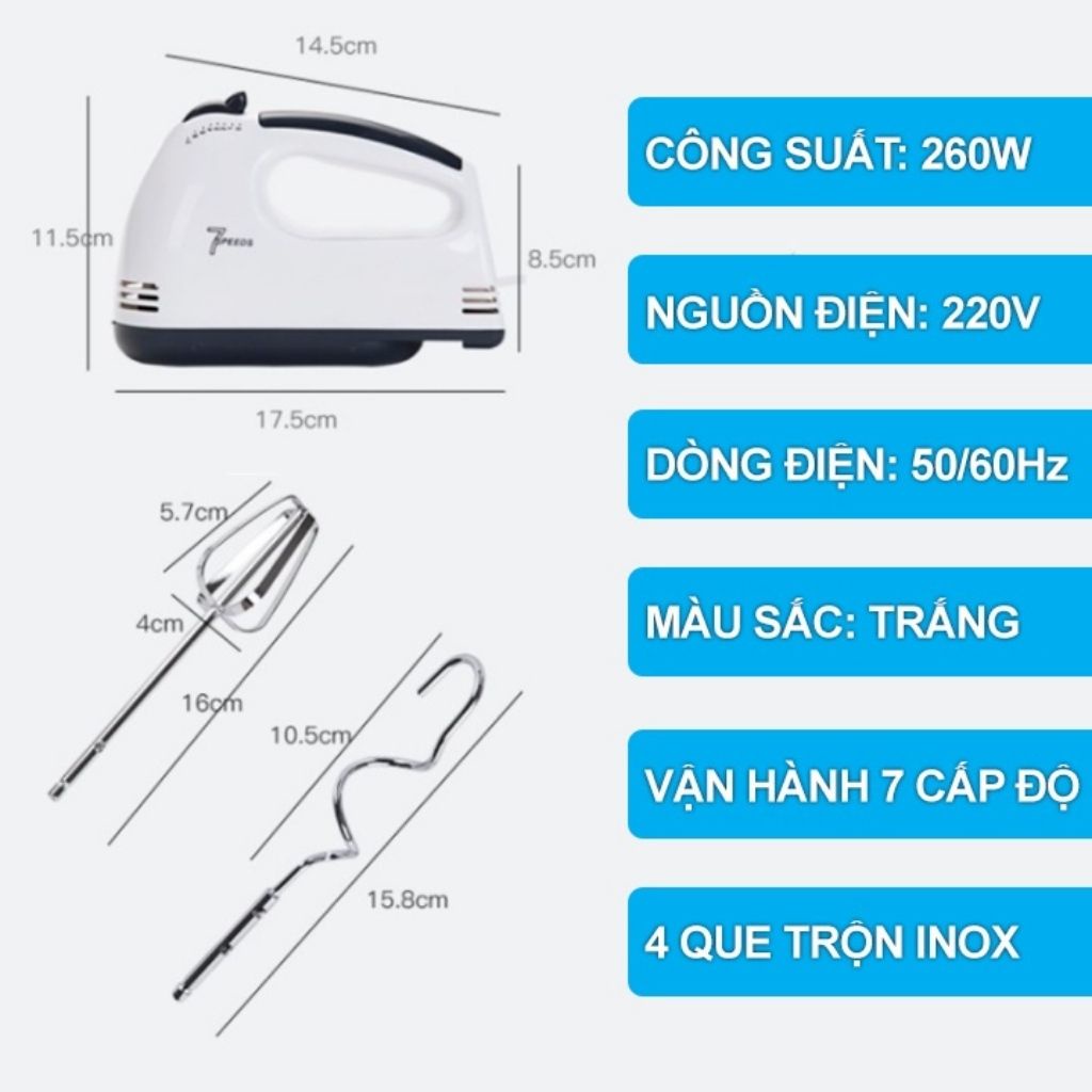 Máy Đánh Trứng Cầm Tay 7 Tốc Độ Công Suất 260W Cực Mạnh, Tiện Lợi Có Thể Trộn Bột,Kem,Salad, Đánh Bơ,…HÀNG CHÍNH HÃNG