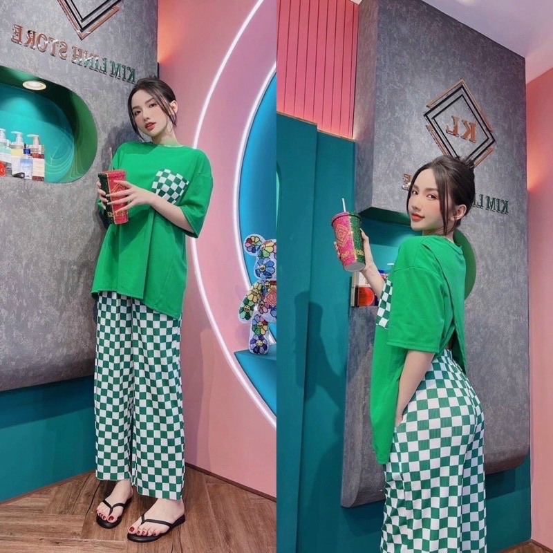 𝐂𝐎́ 𝐒𝐀̆̃𝐍. Set Bộ Áo Phông Xẻ Lưng Quần Kẻ Caro Ống Rộng