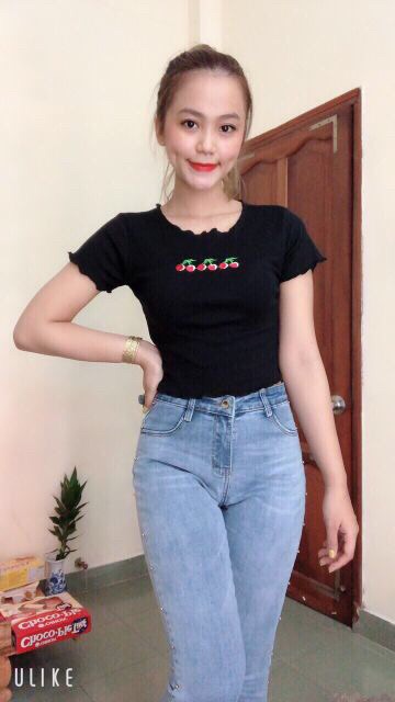 [ Mã FAMAYWA giảm 10K đơn 50K] Áo Croptop Tay Ngắn Cuốn Biên Thêu Cherry