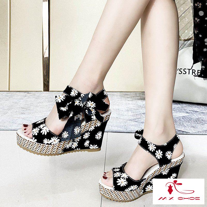 M & X~ Giày Sandal Đế Xuồng Cao Gót Họa Tiết In Thắt Nơ Ngọt Ngào Cho Nữ 2022