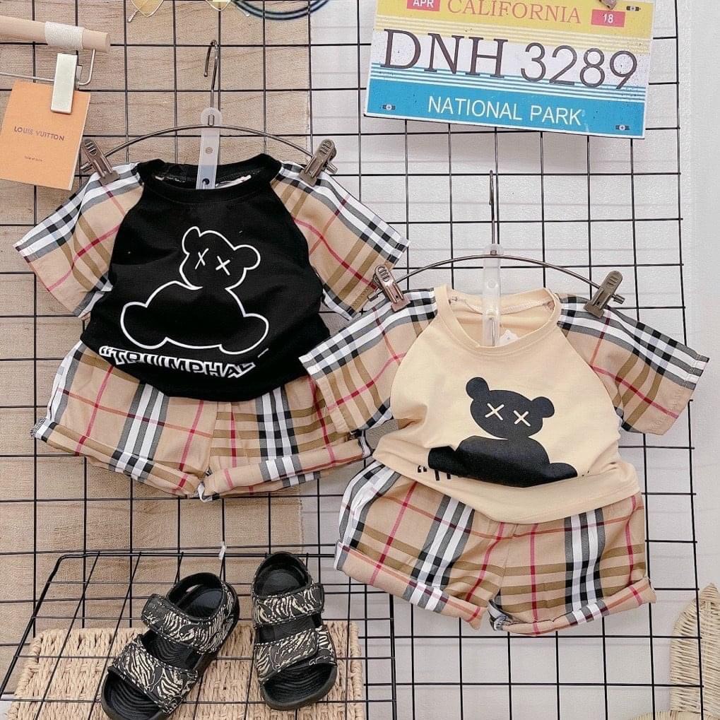 BỘ RAGLAN TAY PHỐI KẺ IN HÌNH GẤU DỄ THƯƠNG CHO BÉ (hàng loại 1)