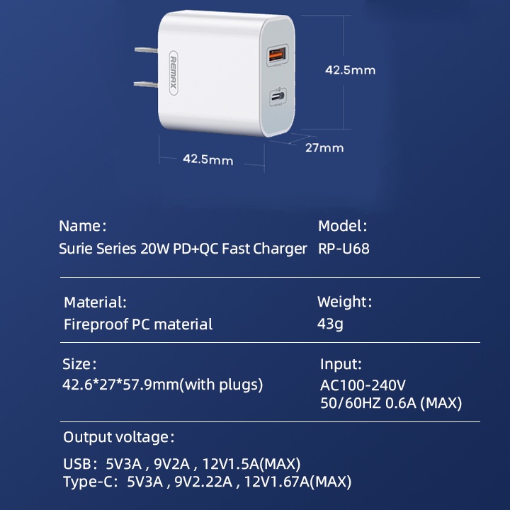 Bộ cốc sạc nhanh Remax RP-U68 2 cổng USB tích hợp QC 3.0 và PD 20W kèm cáp sạc nhanh Type C to