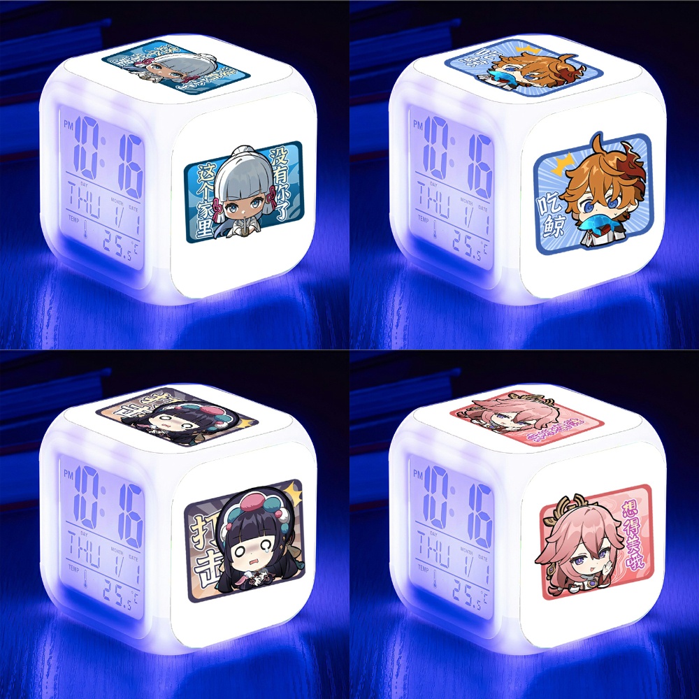Đồng hồ báo thức để bàn in hình GENSHIN IMPACT ver CHỮ NHẬT game chibi anime đèn LED đổi màu