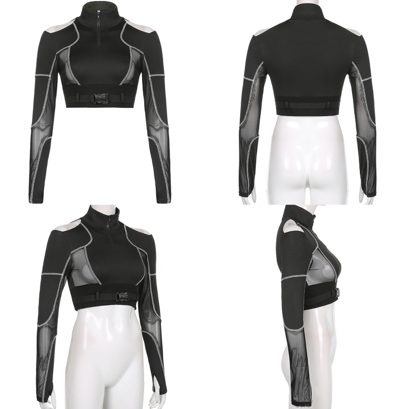 Áo Thun Croptop Tay Dài Cổ Lọ Có Khóa Kéo Phong Cách Thời Trang Harajuku Dành Cho Nữ