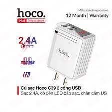 Củ sạc nhanh iphone hàng chính hãng Hoco C39 2 cổng USB 24A có đồng hồ đo dòng điện tương thích Iphone,android