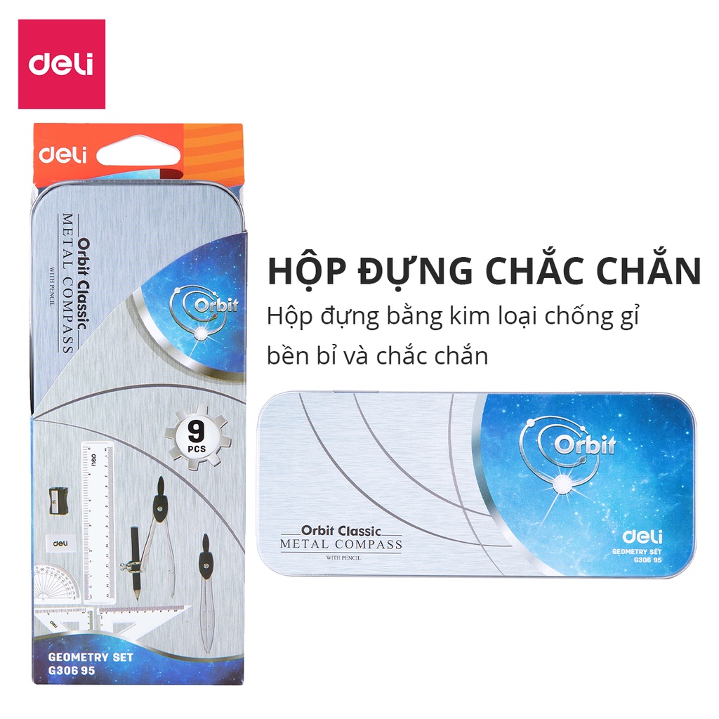 Bộ 9 dụng cụ đo lường Học sinh Deli - Compa, Eke, Thước kẻ, Bút chì, Thước đo góc, Gọt chì, Tẩy - Kèm Hộp Sắt Tiện Dụng