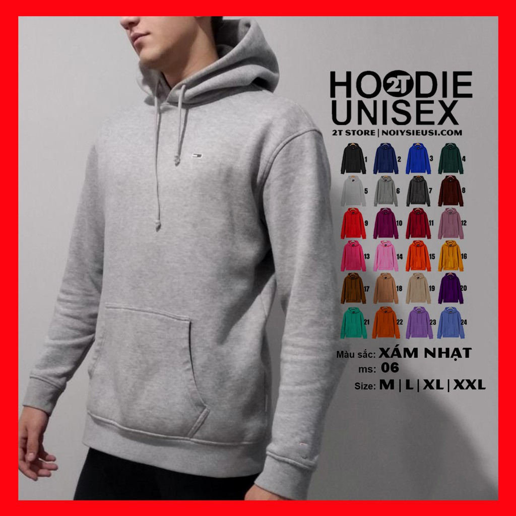 Áo hoodie unisex 2T Store H06 màu xám nhạt - Áo khoác nỉ chui đầu nón 2 lớp dày dặn đẹp chất lượng | BigBuy360 - bigbuy360.vn