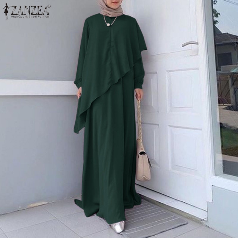 Đầm maxi ZANZEA tay dài cổ tròn phối nút phong cách hồi giáo cho nữ