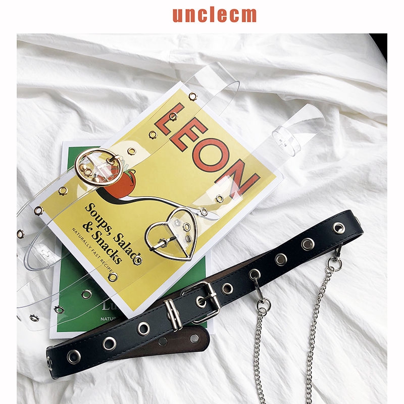 Thắt lưng đen phong cách Punk thiết kế đơn giản kèm dây đeo sợi xích thời trang