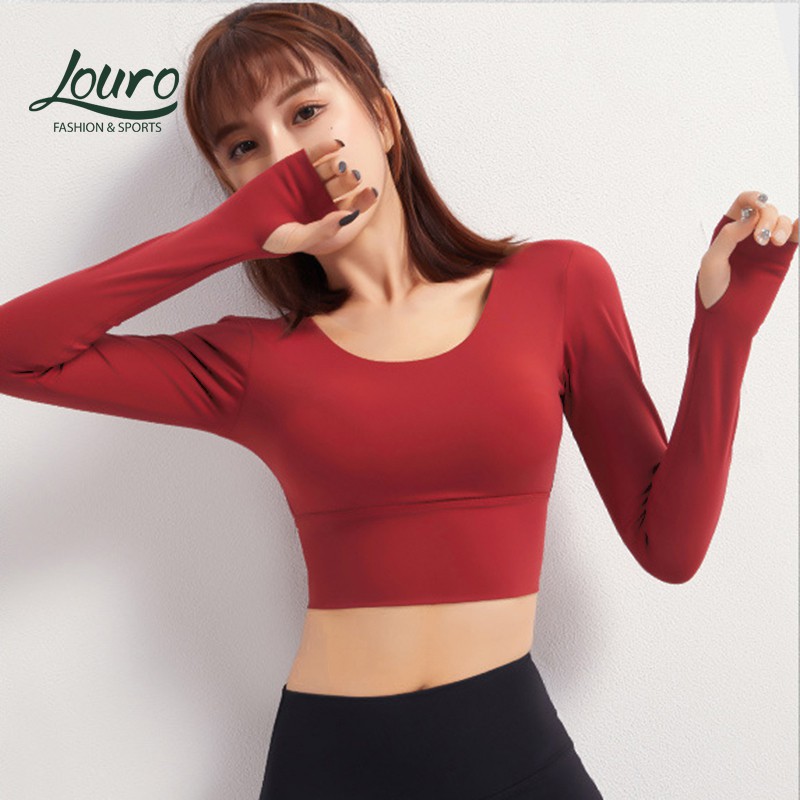 Áo croptop tập gym dài tay Louro, kiểu tập yoga đan chéo, có sẵn mút ngực, chất liệu co giãn, thoáng -  LA31D