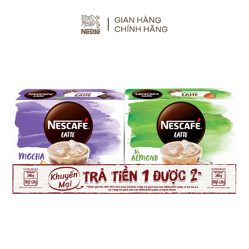 Combo Nescafé Latte vị hạnh nhân &amp; cà phê hòa tan Nescafé Latte vị sô cô la (Hộp 10 gói x 24g)