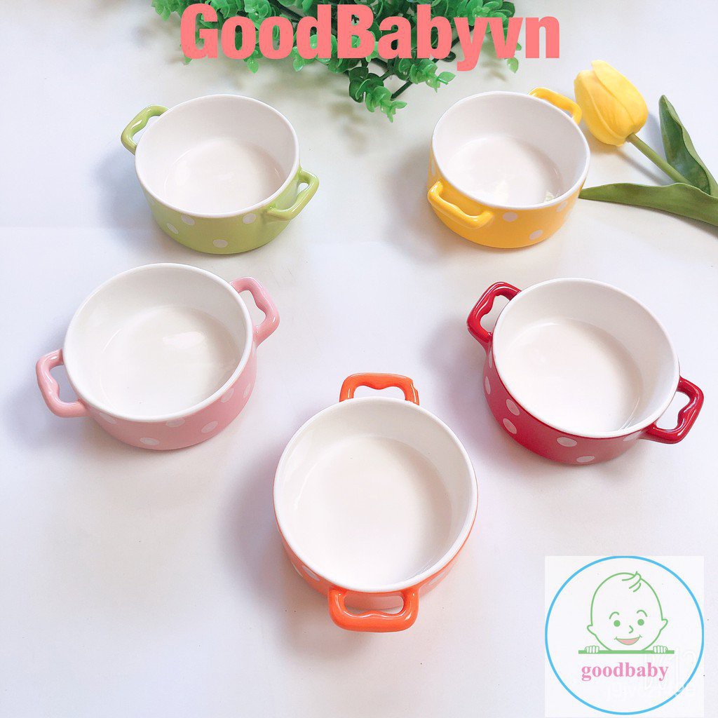 [Mã MKBC245 giảm 8% đơn 400K] Bát Ăn Dặm,Bát Gốm Sứ Hình Nồi Chấm Bi Có Quai Goodbabyvn