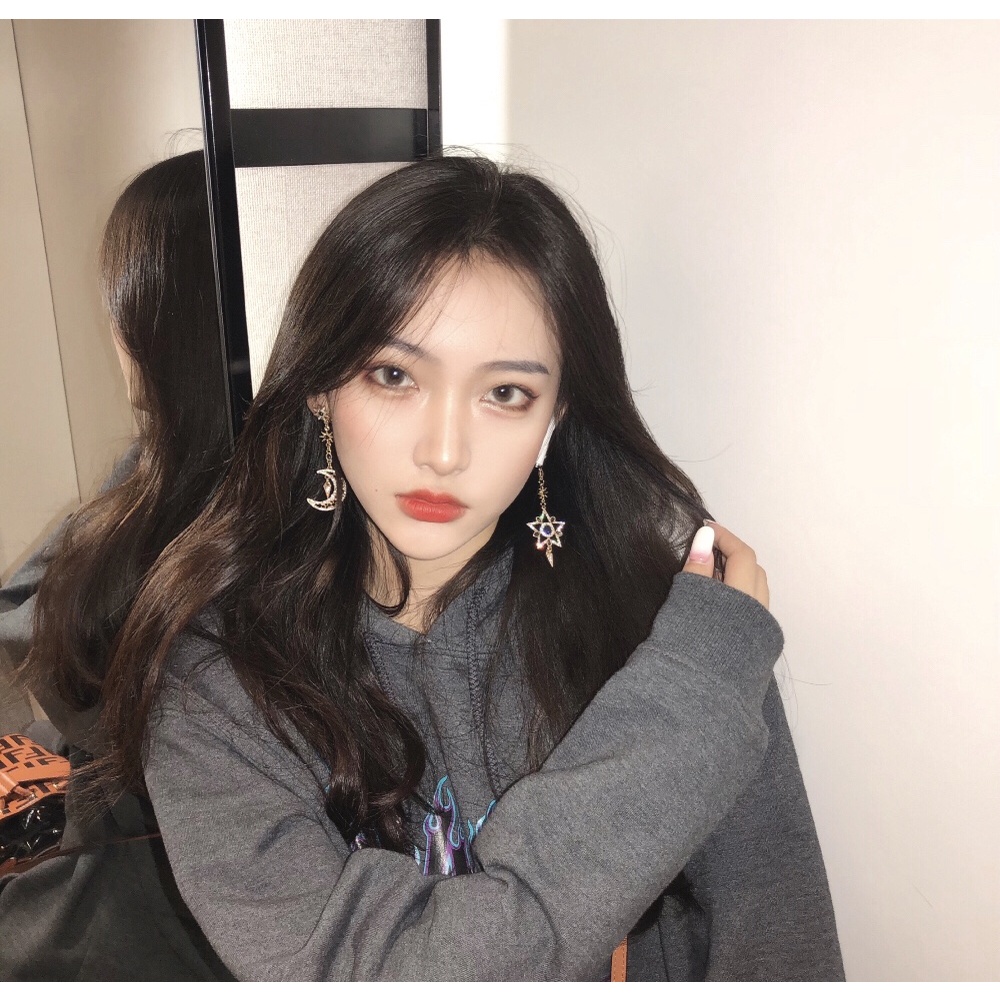 Bông Tai Dáng Dài Hình Mặt Trăng Ngôi Sao Đính Đá Thời Trang Cho Nữ