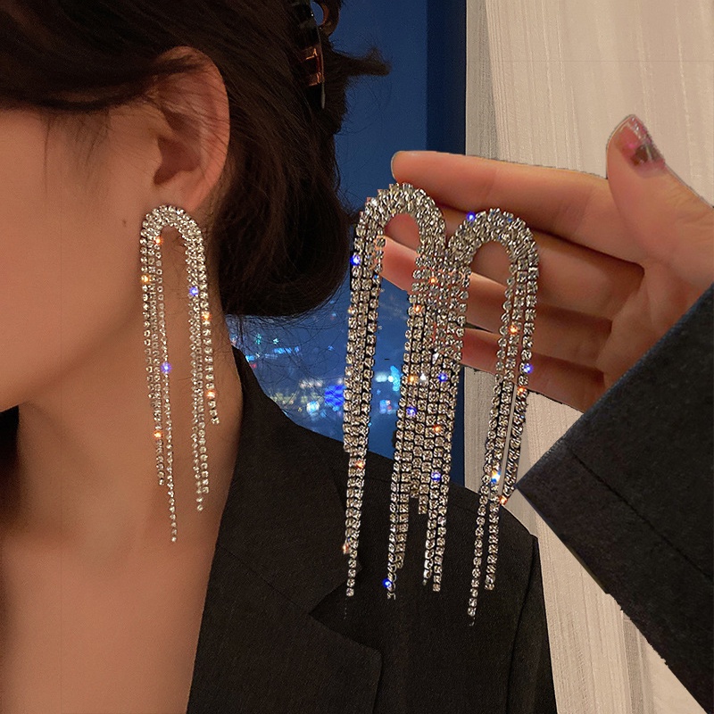 1 Đôi Bông Tai Dáng Dài Đính Đá Pha Lê Phong Cách Hàn Quốc Thời Trang Cho Nữ