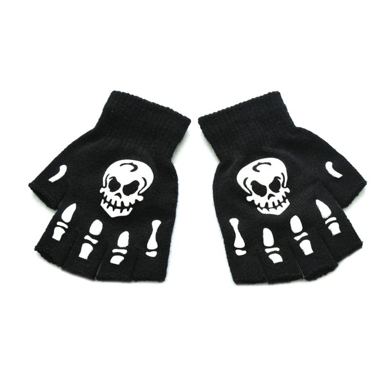 Găng tay nửa ngón hình đầu lâu phát sáng trong đêm phong cách halloween