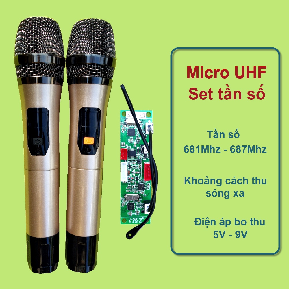 Micro không dây đôi UHF  681Mhz – 687Mhz.  loa kéo mạch loa kéo - SET tần số - thân nhôm - phím bấm, micro cho loa kéo