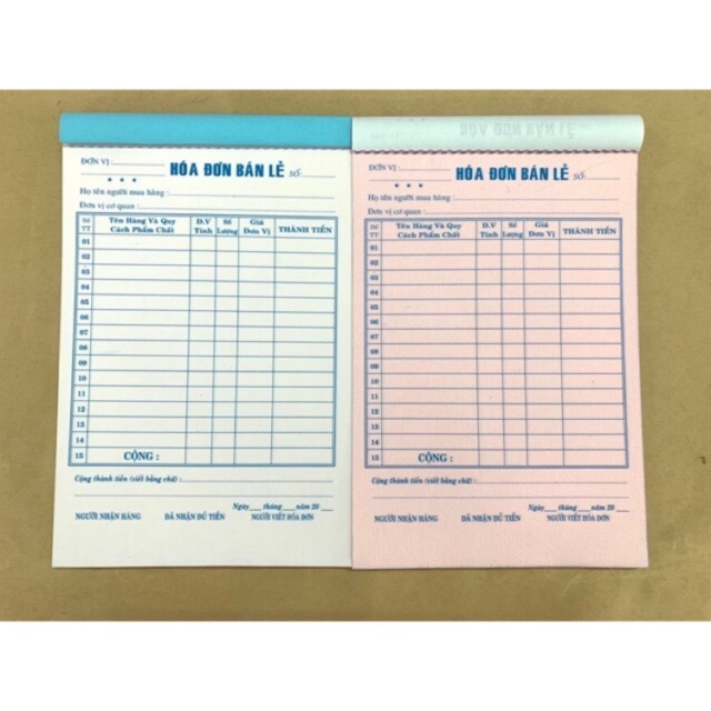 Hoá đơn bán lẻ 2 liên 100 tờ (khổ 13x19cm)