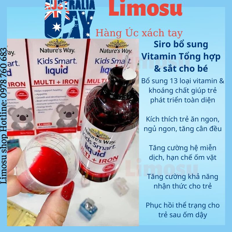 Siro bổ sung Vitamin Tổng hợp và sắt nước kids smart multi iron liquid hỗ trợ nâng cao đề kháng cho bé từ 1 tuổi 200ml