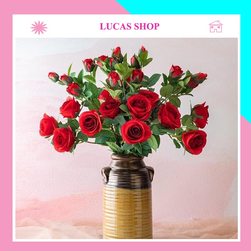 Combo 10 cành hoa giả - Hoa Hồng nụ cao Lucas 65cm cành 2 bông 1 nụ trang trí đep, sang trọng