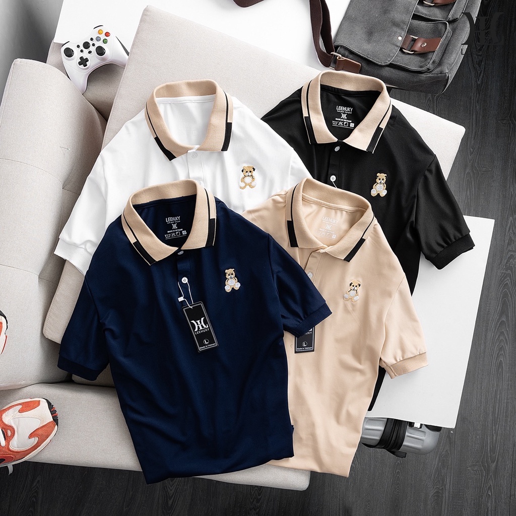 Áo polo nam, áo phông nam tay ngắn cổ bẻ thêu gấu chất liệu vải cá sấu cotton 4 chiều mềm mại