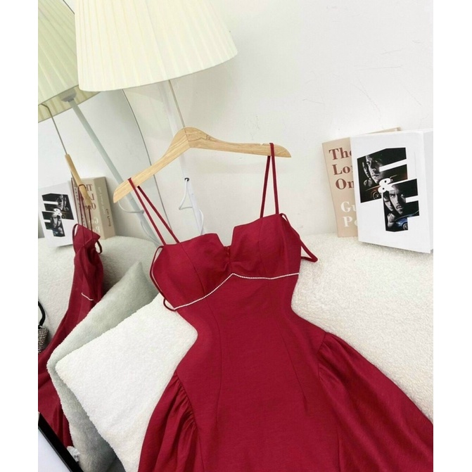 Đầm thời trang nữ mặc đi chơi chất cotton lạnh 2 dây có mút ngực đính đá váy xoè