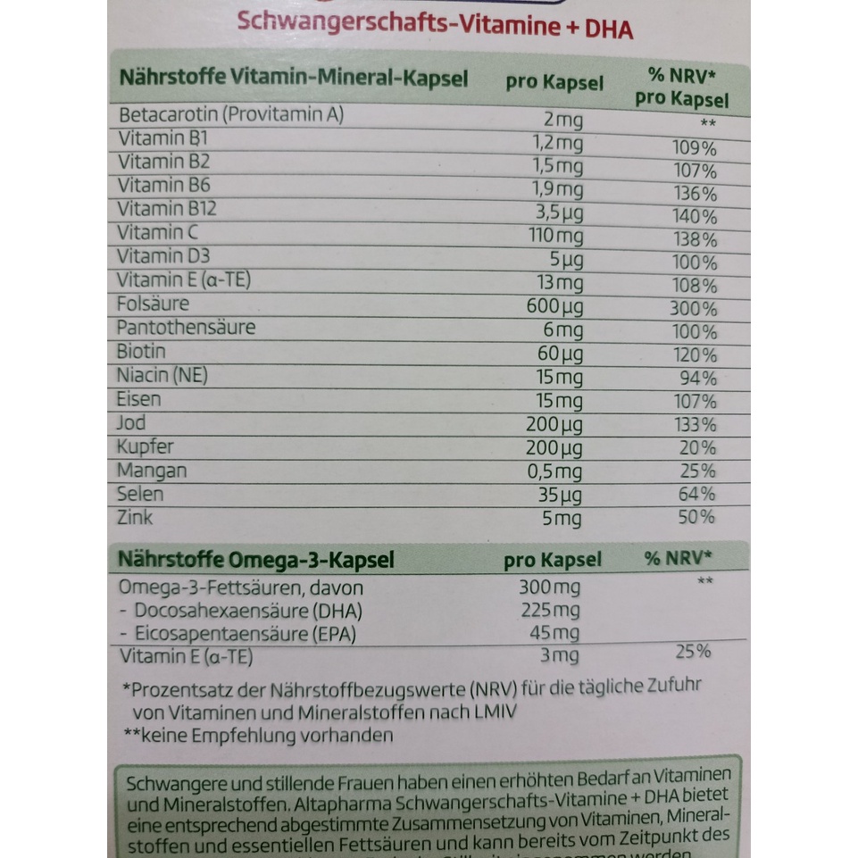 Viên uống altapharma Schwangerschafts-Vitamine hộp 60 viên của Đức