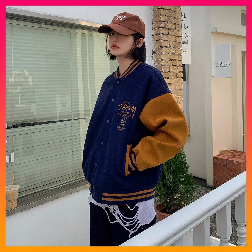 Stussy Áo Khoác Bóng Chày Vải Len Thêu Họa Tiết Thời Trang Cho Cặp Đôi