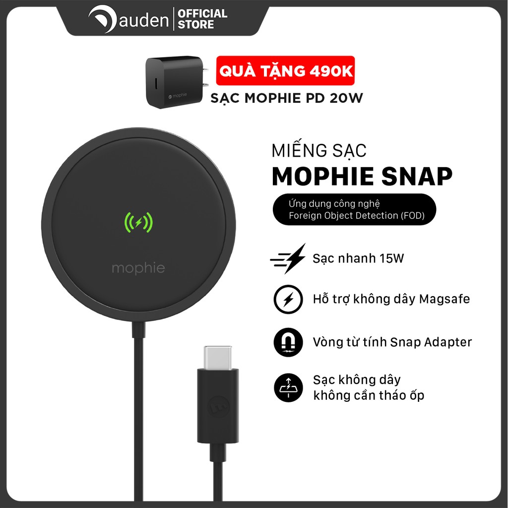 [Mã SKAMPUSHA8 giảm 8% đơn 300K] Miếng sạc Mophie Snap Plus - sạc nhanh không dây chuẩn Qi, công suất lên tới 15w, nam c