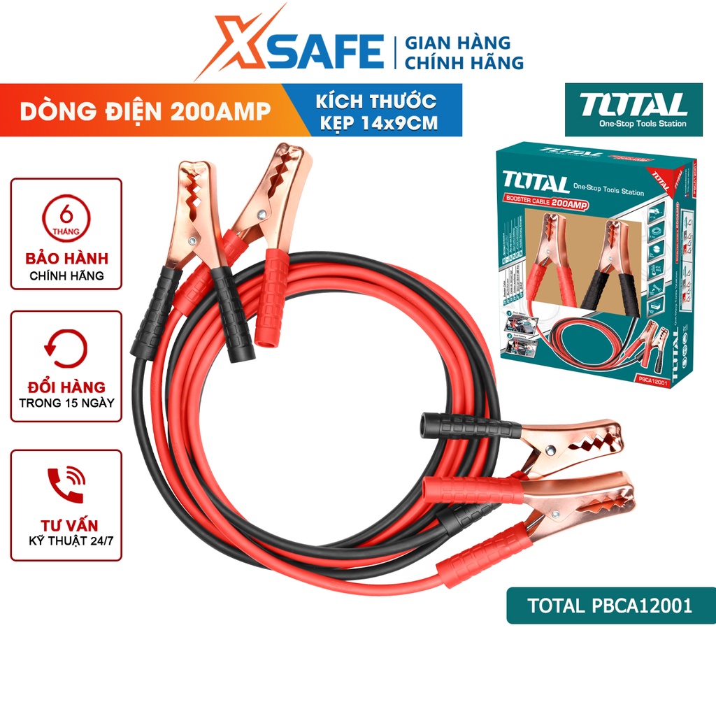 Dây cáp sạc bình ắc qui TOTAL PBCA12001 Dây câu sạc bình Dòng điện: 200 amp Kích thước kẹp: 14x9cm dây 8mm dài 2,5m