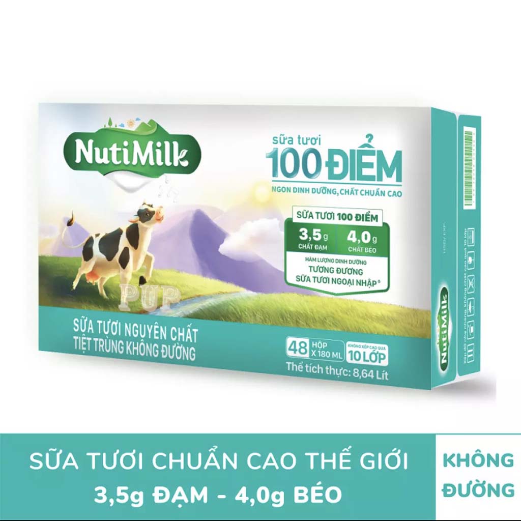 Thùng 12 Lốc Sữa Tươi  Tiệt Trùng 100 Điểm Không Đường Nutimilk 180ml