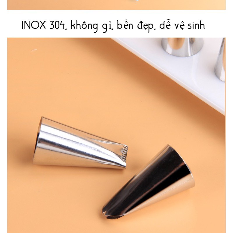 6 Đui bắt kem INOX, gồm đui nối và túi bắt bông, size lớn, size nhỏ