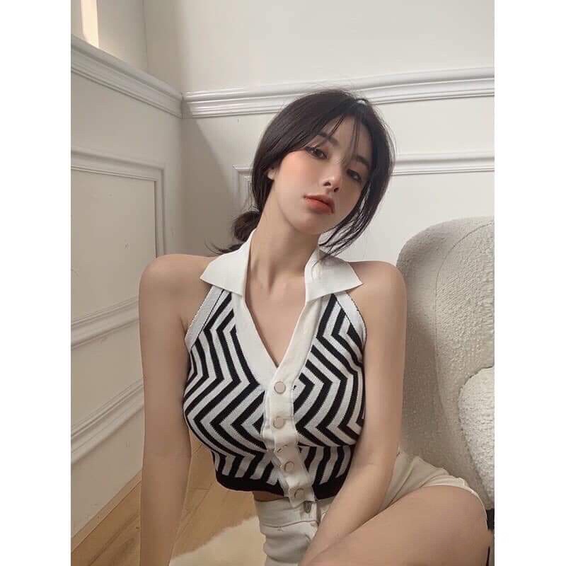 Áo Yếm Nữ Hoạ Tiết Sọc Xanh Đen Forgirl Hở Lưng Cổ Chữ V Dáng Ôm Gợi Cảm Thời Trang Hàn Quốc - Croptop Polo Ba Lỗ 2 Màu