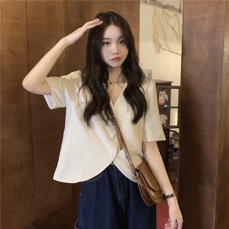 Áo Sơ Mi Nữ Cổ Chữ V Tay Ngắn Cài Một Hàng Nút Màu Hồng 53025