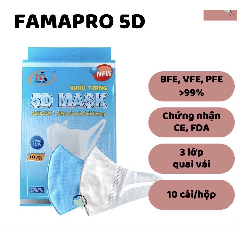 Sỉ 1 thùng 100 hộp 5d mask Famapro quai vải/khẩu trang 5d Nam Anh